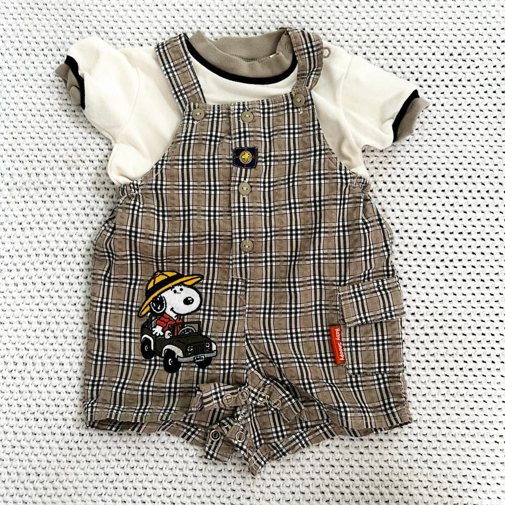 Baby Snoopy Safari Brown Grid Plaid Cargo Overalls Tee Shirt Bucket Hat 6-9M Y2K - Picture 2 of 7